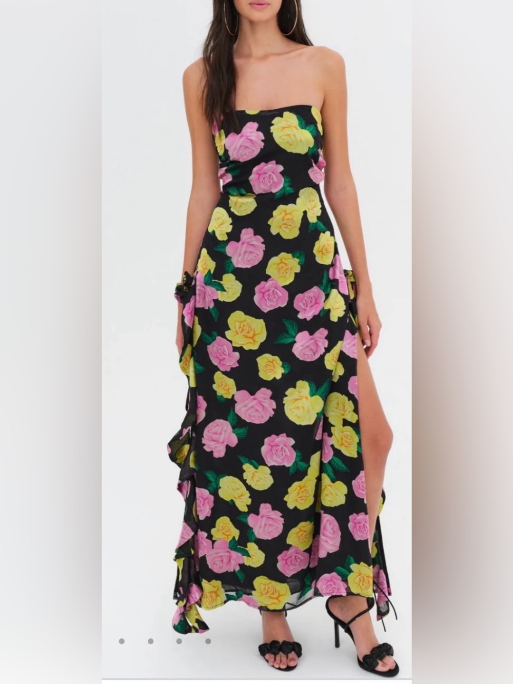 For love and lemons Strapless Floral Maxi Dress in Black with Pink & Yellow Rose